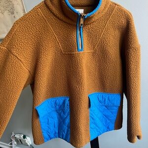 Madewell Tan and Blue Fleece Teddybear Quarter Zip